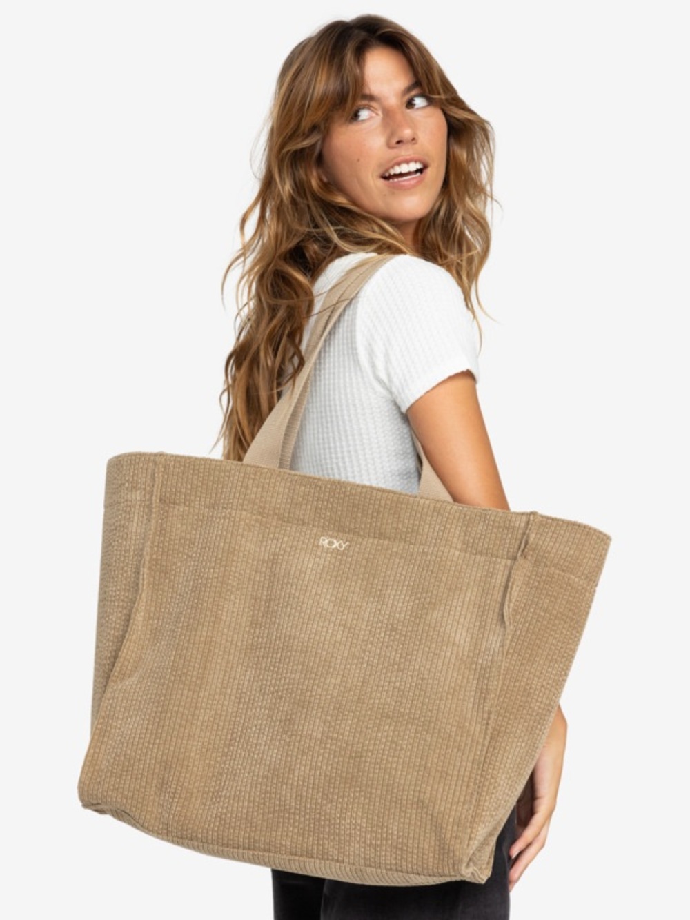 Roxy Feeling Good Tan Neutral Corduroy Large School Travel Tote Bag NWT